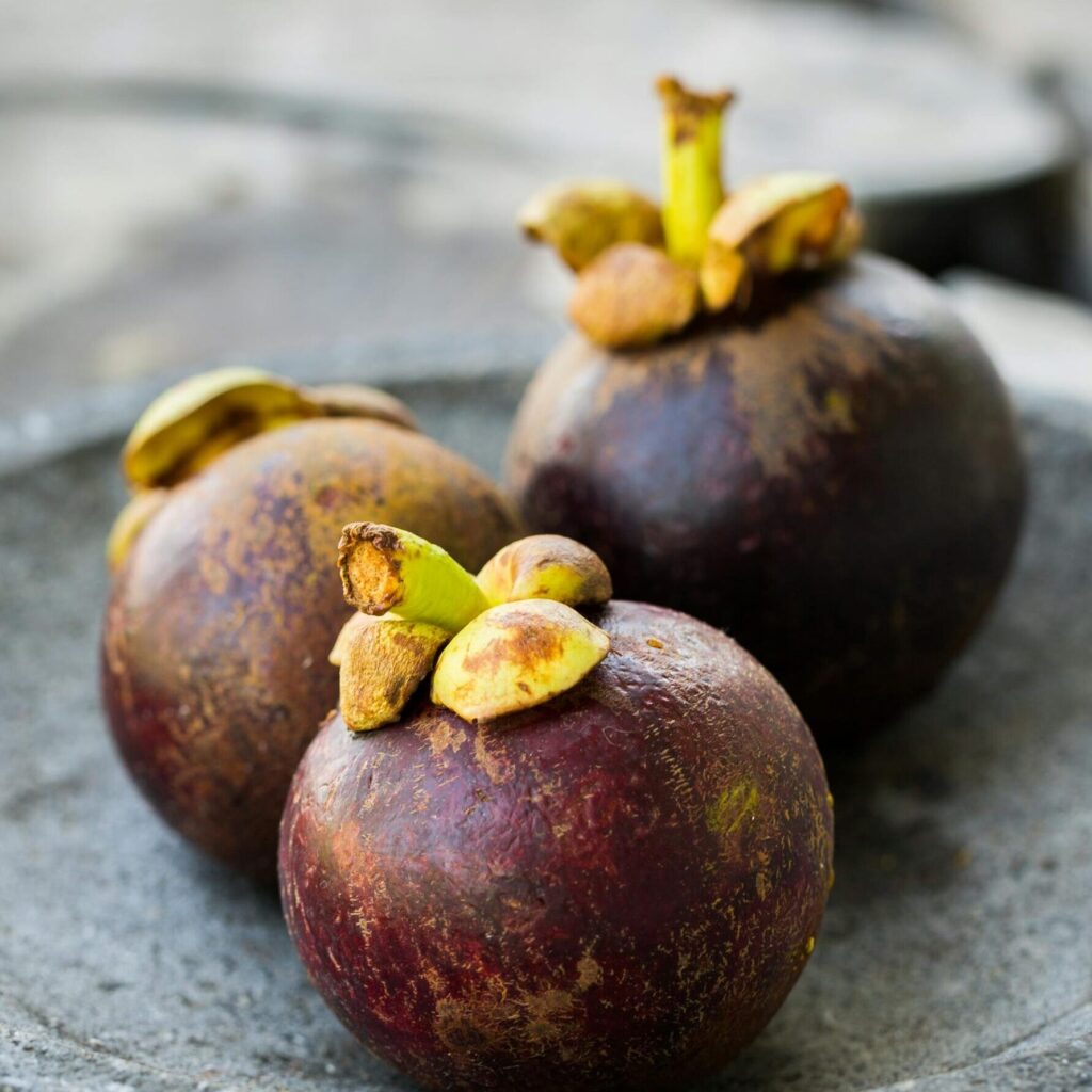 Close-up photo of ripe mangosteen fruits placed on a rustic stone plate, showcasing fresh tropical flavor.